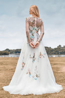 Load image into Gallery viewer, Long Sleeves Tulle Ivory Wedding Dress with Embroidery