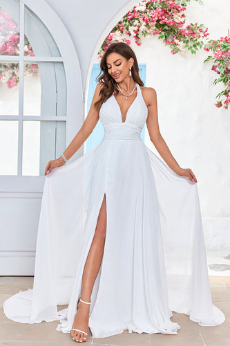 A-Line Halter Ivory Sweep Train Wedding Dress with Split Front
