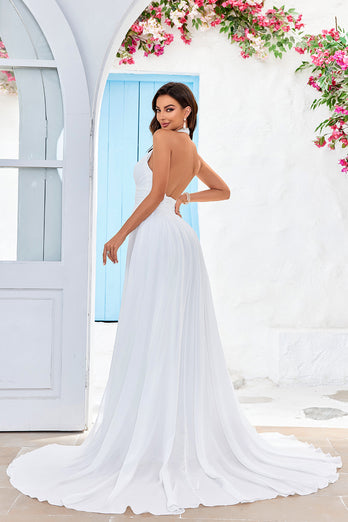 A-Line Halter Ivory Sweep Train Wedding Dress with Split Front
