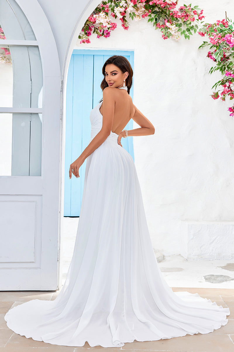 Load image into Gallery viewer, A-Line Halter Ivory Sweep Train Wedding Dress with Split Front