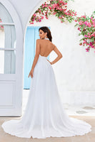 Load image into Gallery viewer, A-Line Halter Ivory Sweep Train Wedding Dress with Split Front