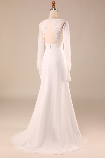 Open Back Ivory Wedding Dress with Long Sleeves