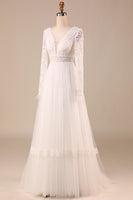 Load image into Gallery viewer, Tulle A-Line Long Sleeves Ivory Wedding Dress with Lace