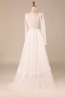 Tulle A-Line Long Sleeves Ivory Wedding Dress with Lace