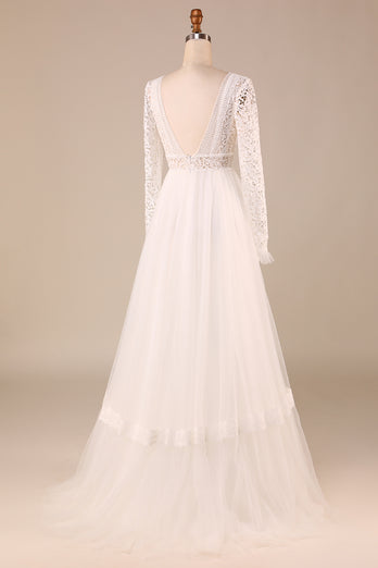 Tulle A-Line Long Sleeves Ivory Wedding Dress with Lace