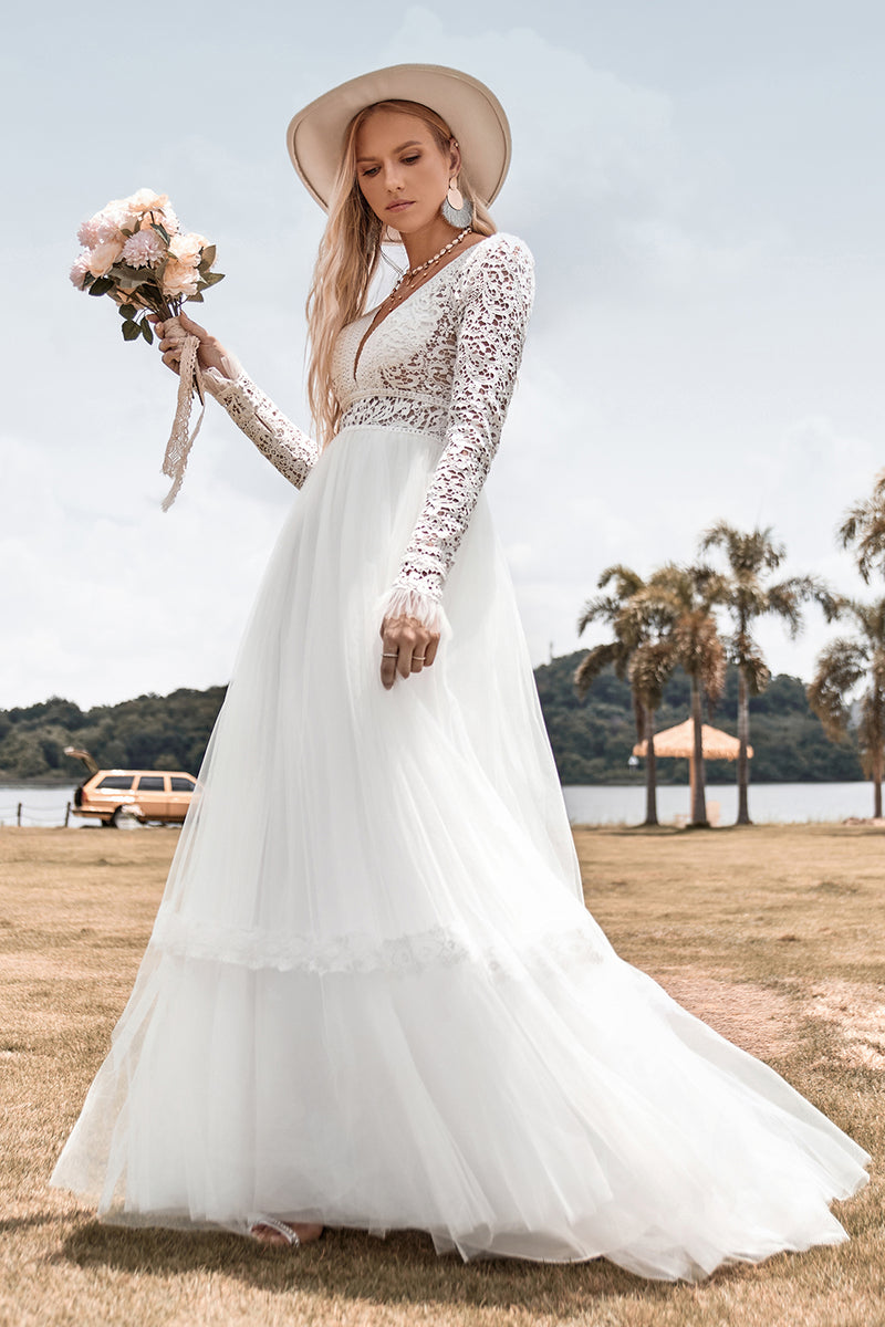 Load image into Gallery viewer, A-Line Tulle Long Sleeves Ivory Wedding Dress with Lace