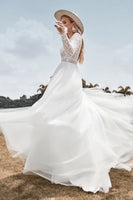 Load image into Gallery viewer, A-Line Tulle Long Sleeves Ivory Wedding Dress with Lace