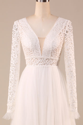 Tulle A-Line Long Sleeves Ivory Wedding Dress with Lace