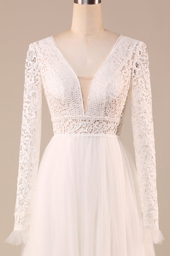 Tulle A-Line Long Sleeves Ivory Wedding Dress with Lace