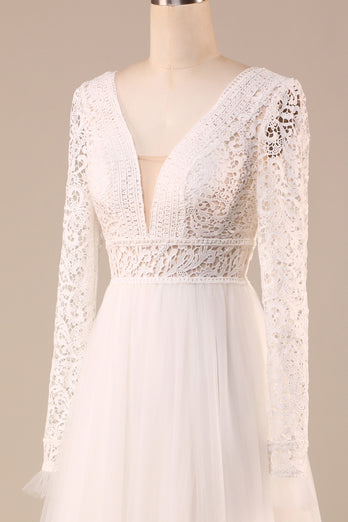 Tulle A-Line Long Sleeves Ivory Wedding Dress with Lace
