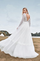 Load image into Gallery viewer, A-Line Tulle Long Sleeves Ivory Wedding Dress with Lace