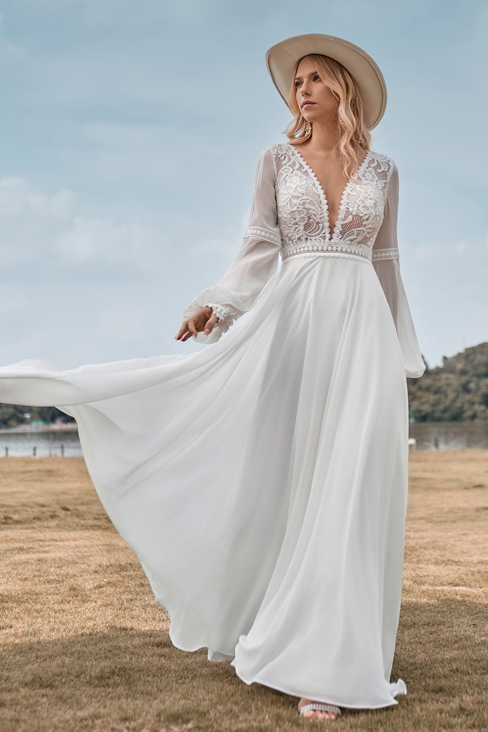 A-Line Long Sleeves Ivory Wedding Dress with Lace