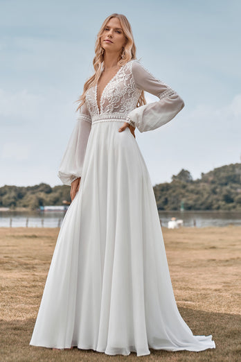 A-Line Long Sleeves Ivory Wedding Dress with Lace