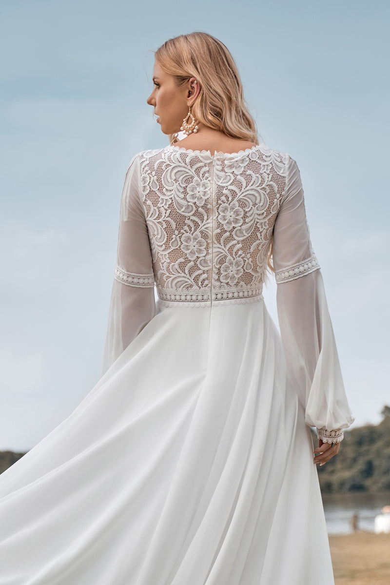 Load image into Gallery viewer, A-Line Long Sleeves Ivory Wedding Dress with Lace