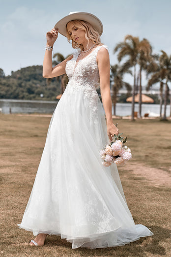 Sparkly Tulle Ivory Long Wedding Dress with Beading