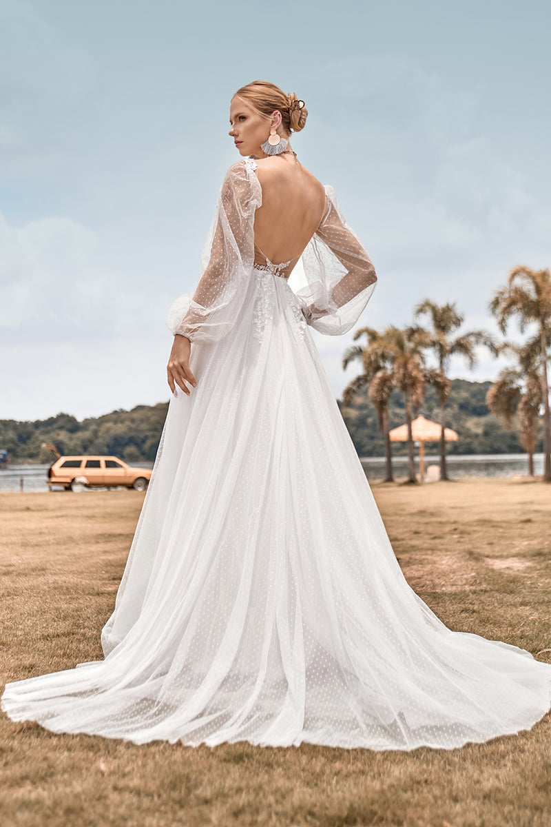 Load image into Gallery viewer, Open Back Long Sleeves Ivory Wedding Dress with Appliques