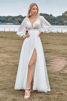 Load image into Gallery viewer, Tulle A-Line Beaded Ivory Wedding Dress with Sleeves