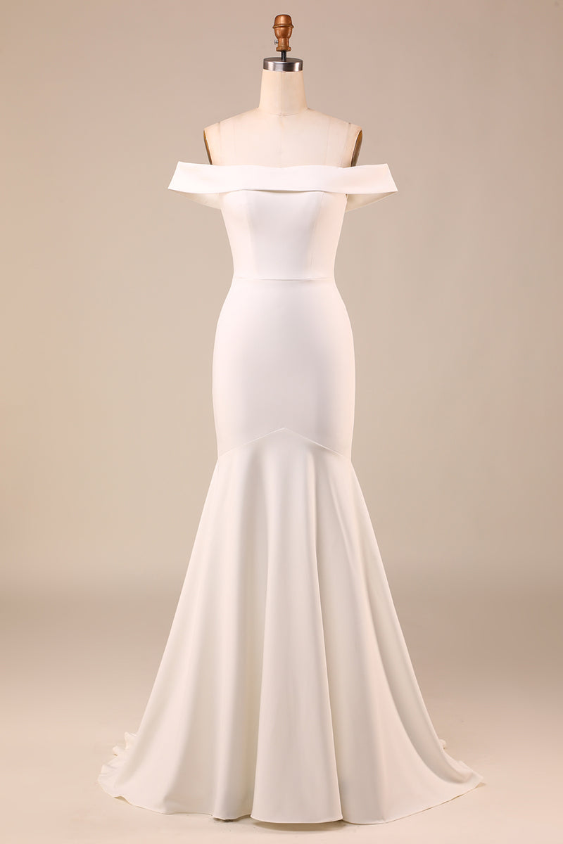 Load image into Gallery viewer, Mermaid Off The Shoulder Ivory Bridal Dress with Bownot