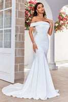 Load image into Gallery viewer, Off The Shoulder Mermaid Ivory Bridal Dress with Bownot