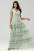 Load image into Gallery viewer, Tiered Dusty Sage Bridesmaid Dress with Bow