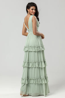 Tiered Dusty Sage Bridesmaid Dress with Bow