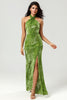 Load image into Gallery viewer, Mermaid Halter Velvet Olive Bridesmaid Dress with Slit