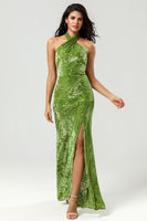 Load image into Gallery viewer, Mermaid Halter Velvet Olive Bridesmaid Dress with Slit