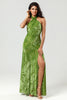 Load image into Gallery viewer, Mermaid Halter Velvet Olive Bridesmaid Dress with Slit