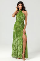 Load image into Gallery viewer, Mermaid Halter Velvet Olive Bridesmaid Dress with Slit