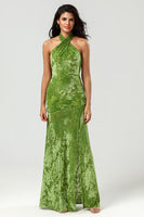 Load image into Gallery viewer, Mermaid Halter Velvet Olive Bridesmaid Dress with Slit