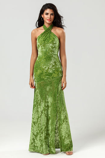 Mermaid Halter Velvet Olive Bridesmaid Dress with Slit