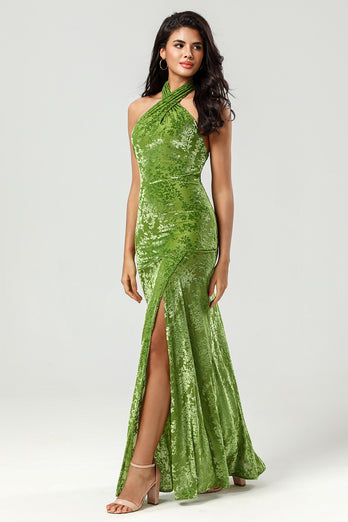 Mermaid Halter Velvet Olive Bridesmaid Dress with Slit