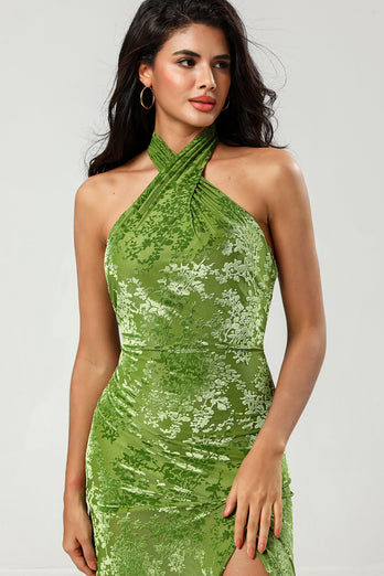 Mermaid Halter Velvet Olive Bridesmaid Dress with Slit