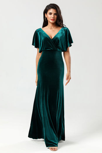V-Neck Velvet Peacock Bridesmaid Dress with Ruffles