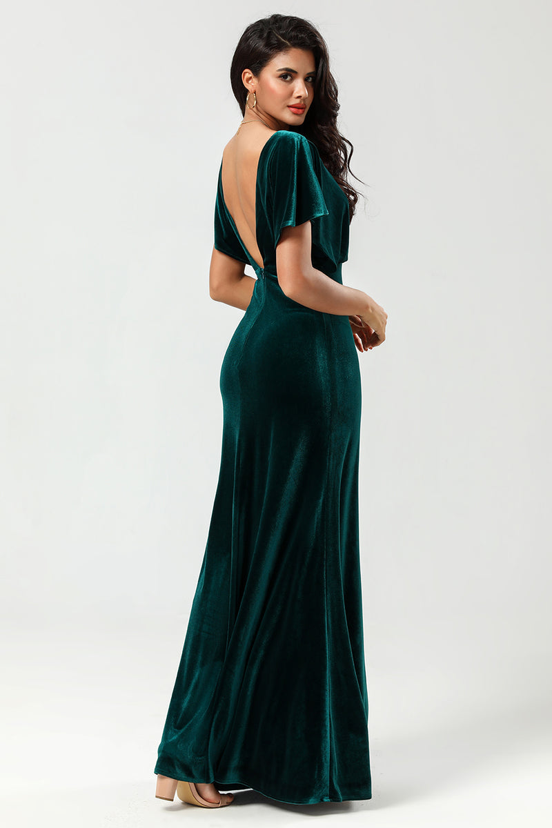 Load image into Gallery viewer, V-Neck Velvet Peacock Bridesmaid Dress with Ruffles