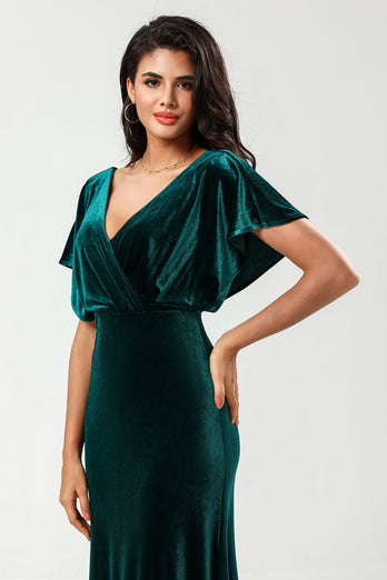 V-Neck Velvet Peacock Bridesmaid Dress with Ruffles