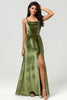 Load image into Gallery viewer, Velvet Spaghetti Straps Olive Bridesmaid Dress with Split Front