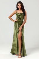 Load image into Gallery viewer, Velvet Spaghetti Straps Olive Bridesmaid Dress with Split Front