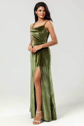 Velvet Spaghetti Straps Olive Bridesmaid Dress with Split Front