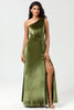 Load image into Gallery viewer, Velvet One Shoulder Olive Bridesmaid Dress with Split Front