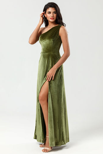 Velvet One Shoulder Olive Bridesmaid Dress with Split Front
