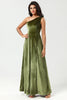 Load image into Gallery viewer, Velvet One Shoulder Olive Bridesmaid Dress with Split Front