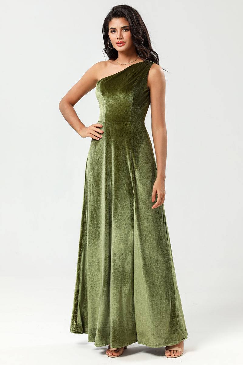 Load image into Gallery viewer, Velvet One Shoulder Olive Bridesmaid Dress with Split Front