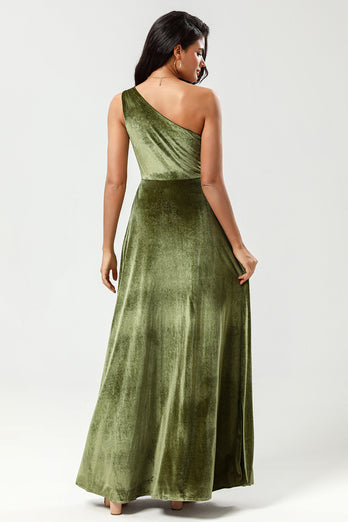 Velvet One Shoulder Olive Bridesmaid Dress with Split Front