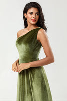 Load image into Gallery viewer, Velvet One Shoulder Olive Bridesmaid Dress with Split Front