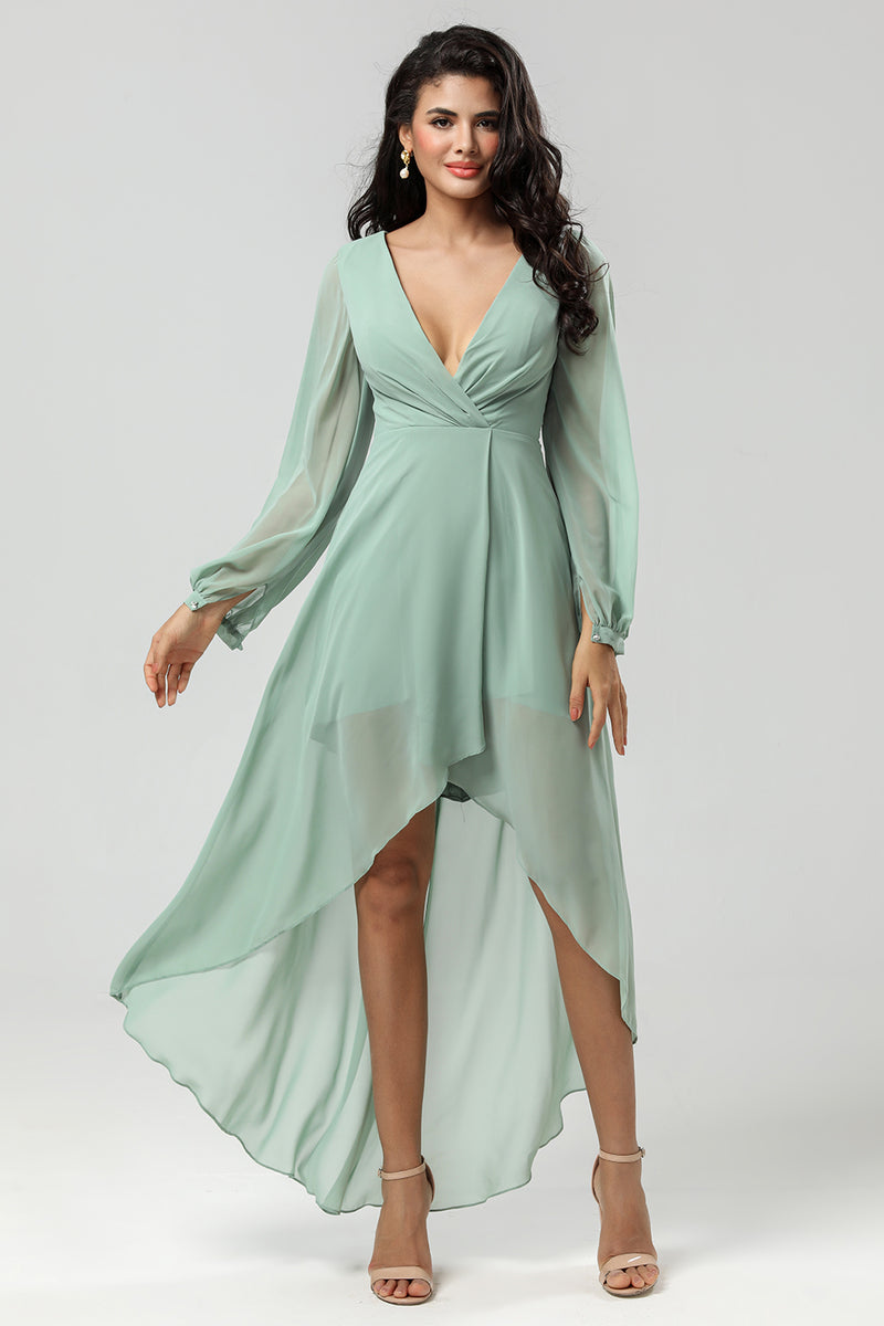 Load image into Gallery viewer, High Low V-Neck Matcha Bridesmaid Dress with Long Sleeves