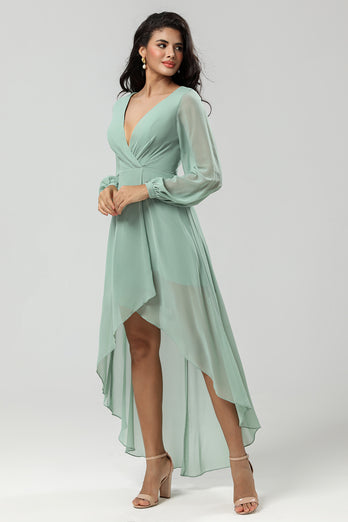 High Low V-Neck Matcha Bridesmaid Dress with Long Sleeves