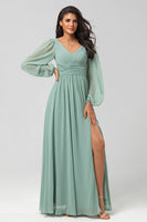 Load image into Gallery viewer, Chiffon A-Line Long Sleeves Matcha Bridesmaid Dress with Slit