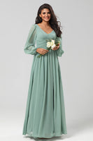Load image into Gallery viewer, Chiffon A-Line Long Sleeves Matcha Bridesmaid Dress with Slit
