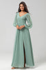 Load image into Gallery viewer, Chiffon A-Line Long Sleeves Matcha Bridesmaid Dress with Slit